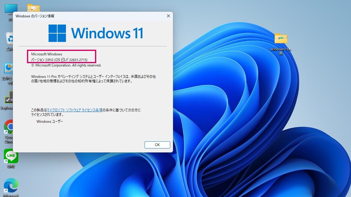 表示されたウィンドウで「Windows11 23H2」になっていることが確認